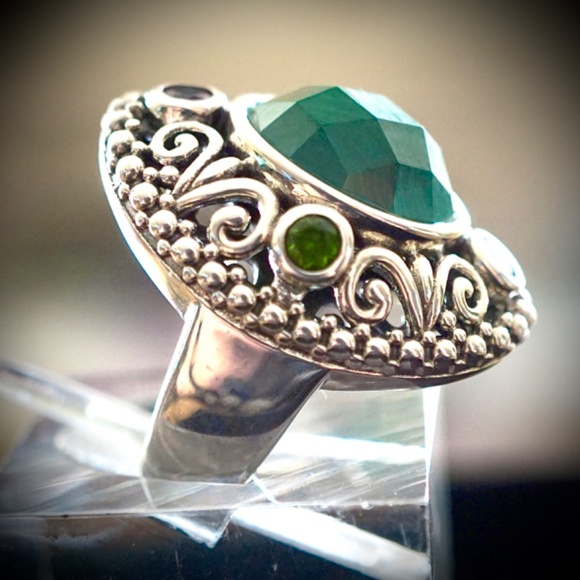 Silver & Malachite & Gemstones Ring SZ 5 - Picture 3 of 3